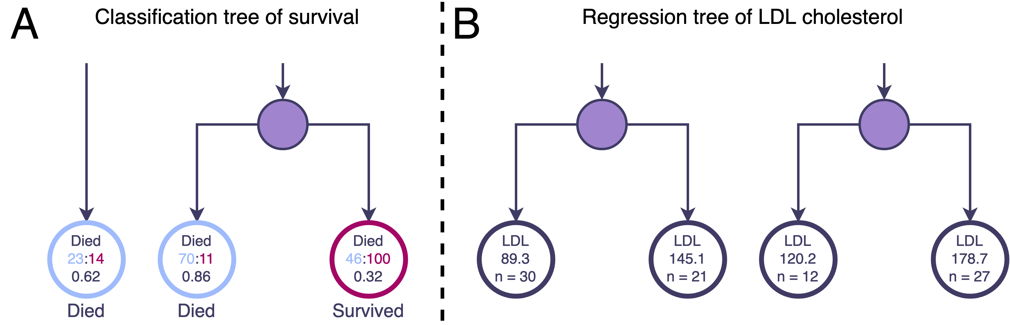 Figure 2 shows two panels A and B both zoomed in to show some of the terminal nodes of imagined decision trees to demonstrate how new observations are assigned a predicted outcome value. Panel A gives an example of a classification tree for an outcome with levels of Died and Survived. Each terminal node shows the ratio of observations in that node that died and survived and the corresponding proportion of those that died. The counts for Died are coloured light blue and counts for Survived are dark pink. Nodes with greater counts that died are correspondingly highlighted in light blue and assigned the value of Died. Nodes with greater count of Survived are highlighted in dark pink and given the value Survived. For example, the two leftmost nodes in panel A have a greater number of observations with outcome Died than Survived (23 v. 14, and 70 v. 11) and so take the value Died whereas the rightmost node contains more observations that Survived and so takes that class value (46 Died v. 100 Survived). Panel B shows a regression tree with an outcome of low density lipoprotein (LDL). Terminal nodes display the mean value of LDL of the observations found in those nodes. A new observation belonging to any of these terminal nodes will be predicted to have the corresponding LDL value. Four terminal nodes from two intermediate parent nodes are displayed with means from left to right of 89.3, 145.1, 120.2 and 178.7. As an example, the two left terminal nodes share an intermediate parent node. A new observation falling into the left child node will have a predicted LDL of 89.3 mg/dL compared to a new observation falling into the right child node with a predicted LDL of 145.1 mg/dL.