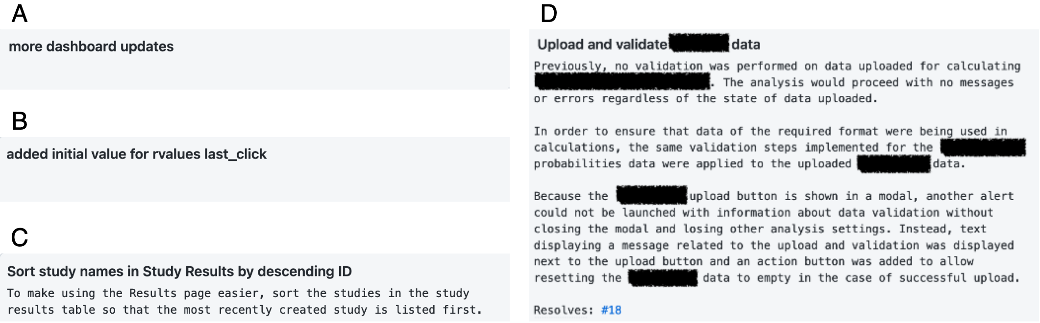 Four commit messages show the evolution of the content of my commit messages prior to and then under the influence of working with developers.